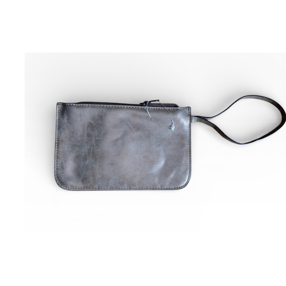 Metallic Gray Leather Wristlet Clutch Bag Zip Top Wrist Strap Small Pouch